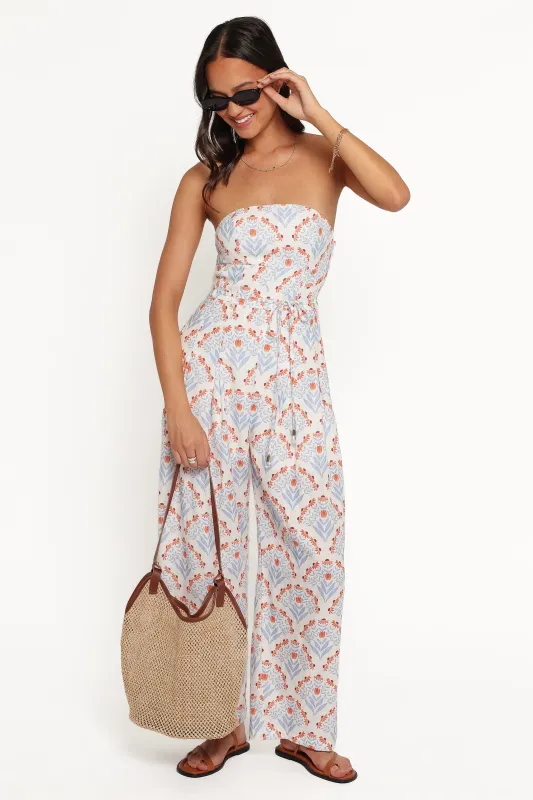 Calliope Tie Waist Jumpsuit - White Blue made by Petal & Pup