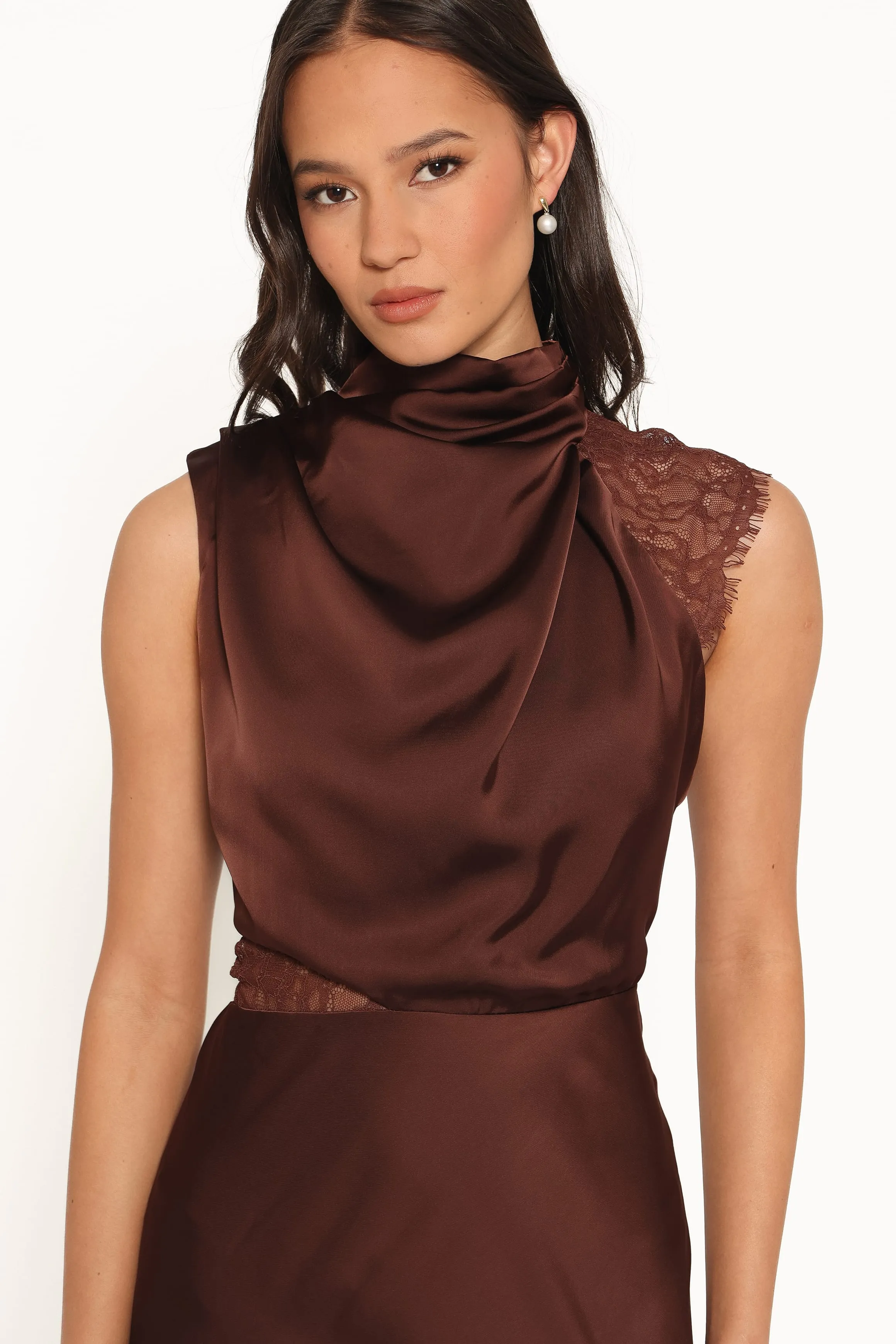 Anabelle Halter Neck Lace Maxi Dress - Chocolate Brown sold by Petal & Pup product image thumbnail 3