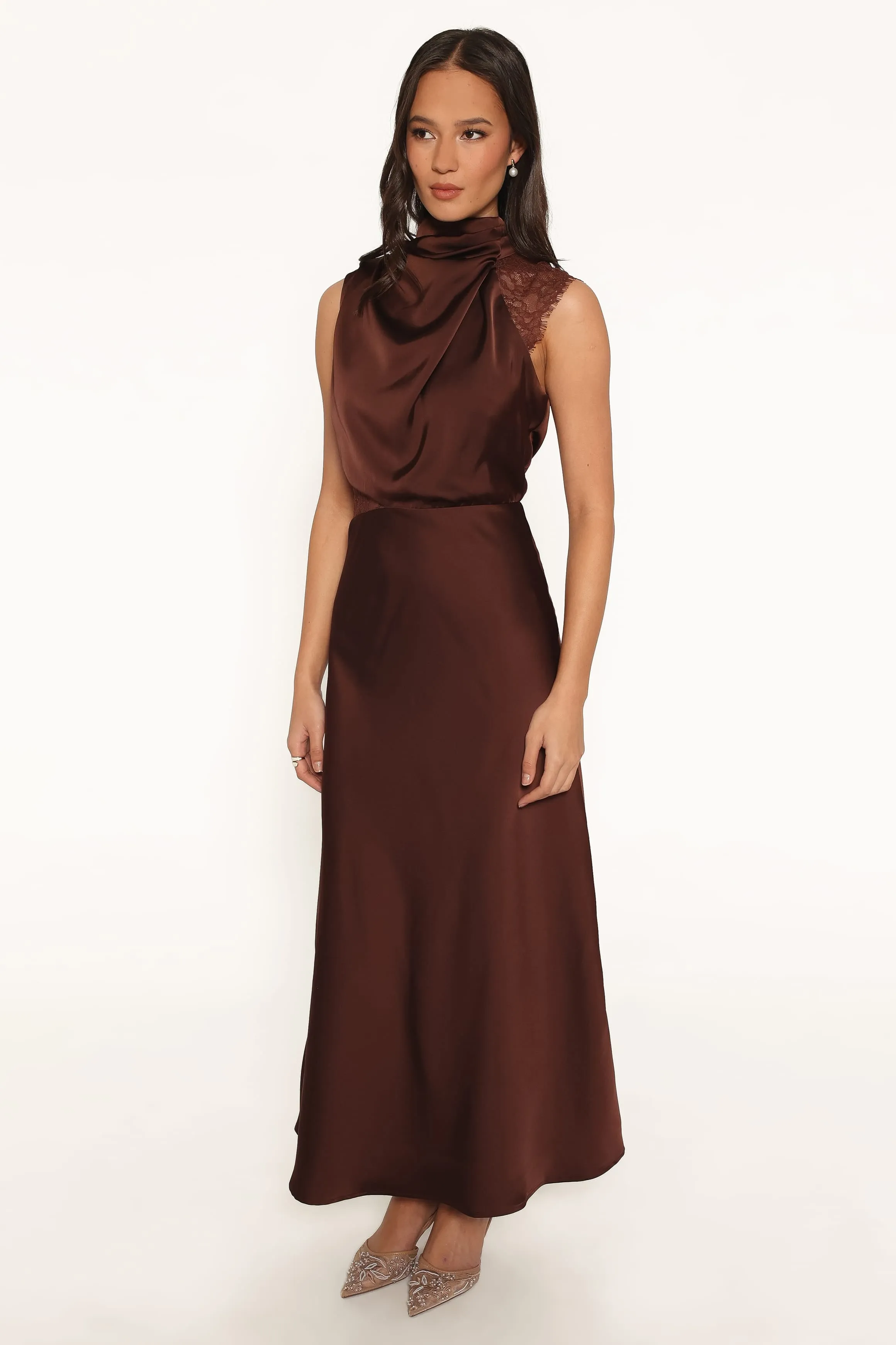 Anabelle Halter Neck Lace Maxi Dress - Chocolate Brown sold by Petal & Pup product image thumbnail 4