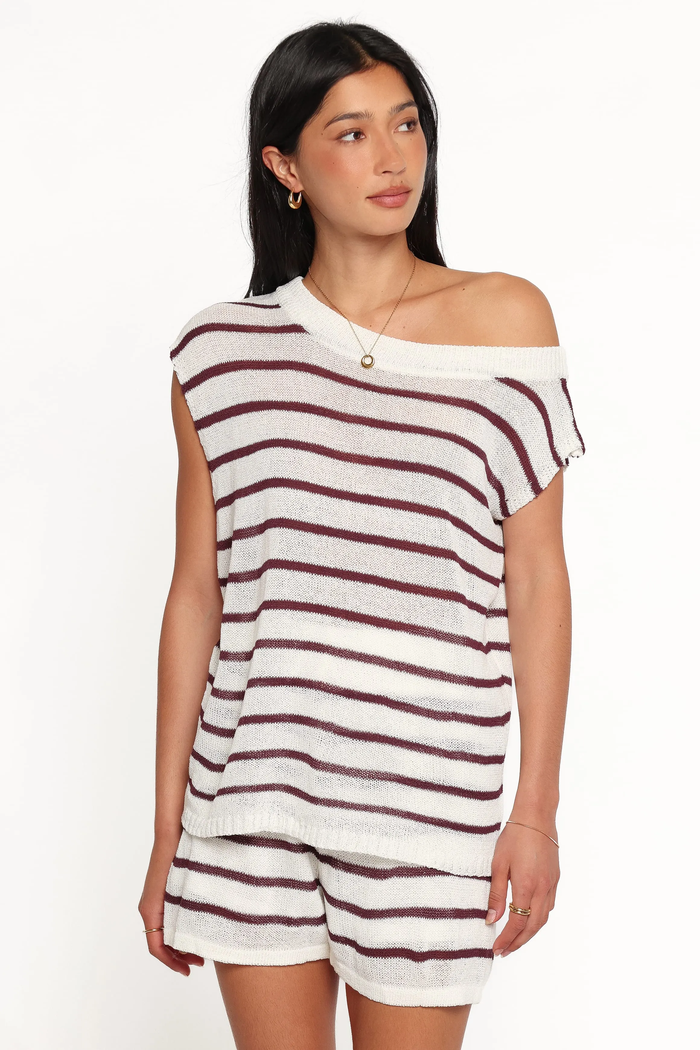 Janie Knitted Short Set - White Plum Stripe sold by Petal & Pup