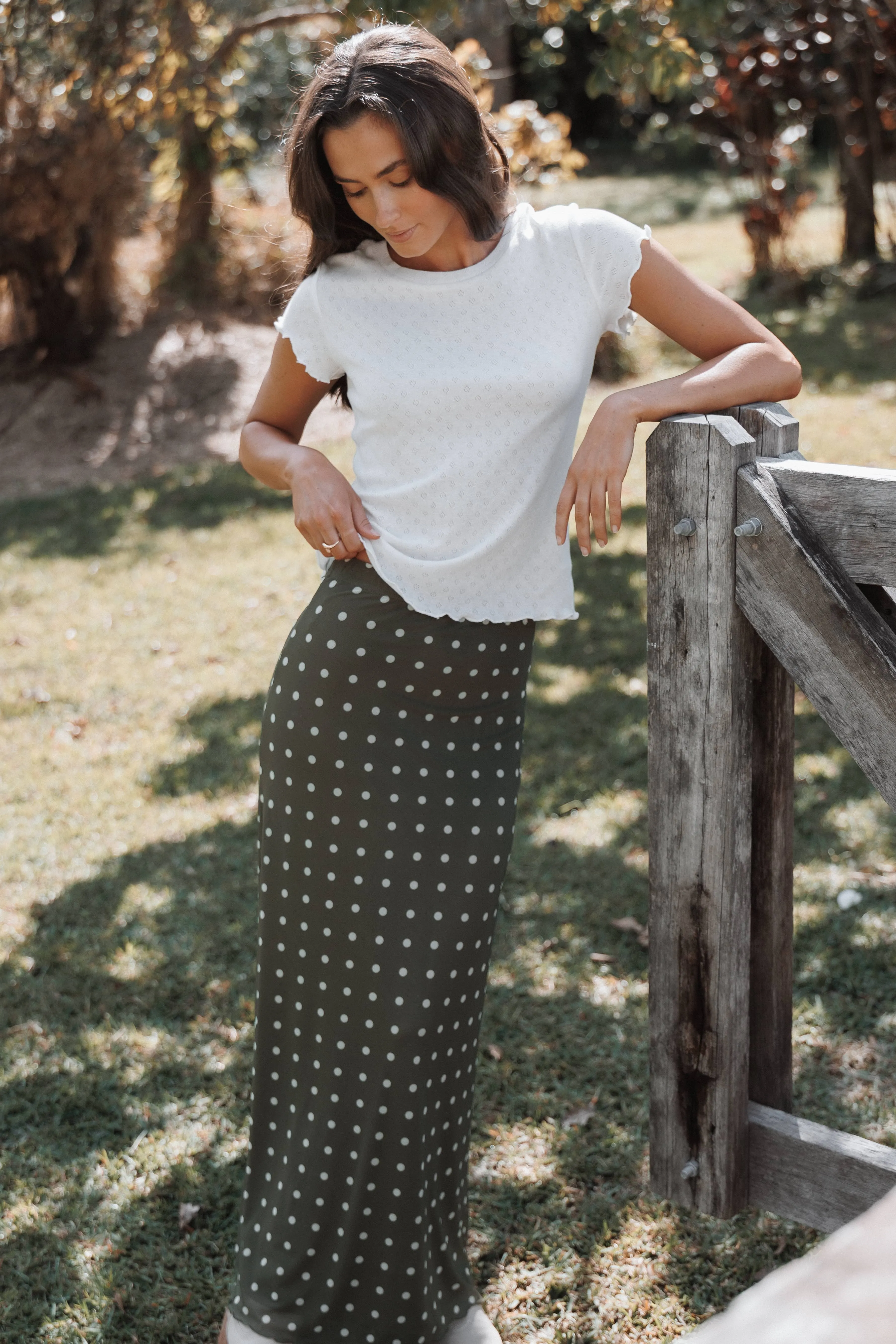 Bloise Maxi Skirt - Olive Green Polka Dot sold by Petal & Pup
