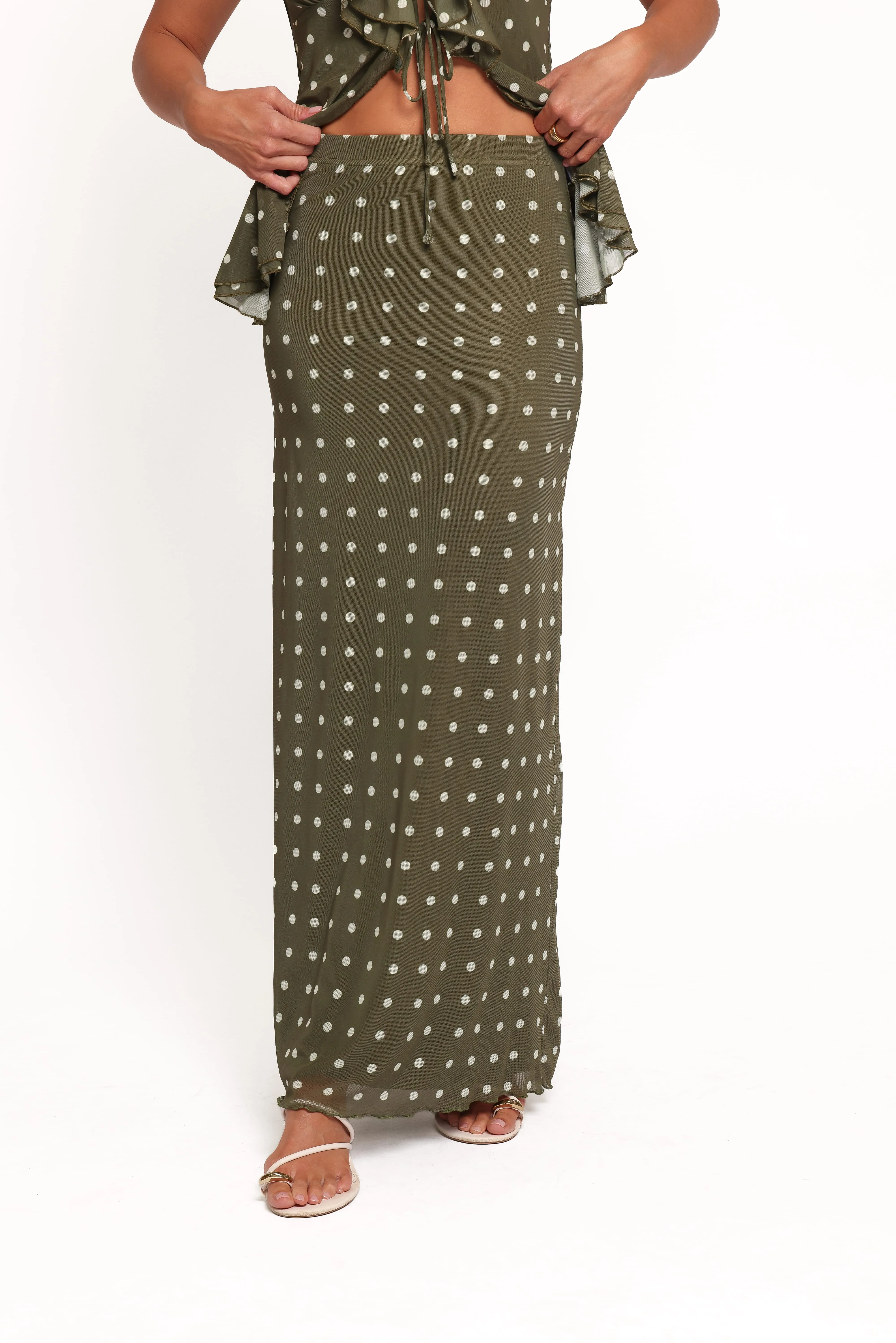 Bloise Maxi Skirt - Olive Green Polka Dot sold by Petal & Pup product image thumbnail 3