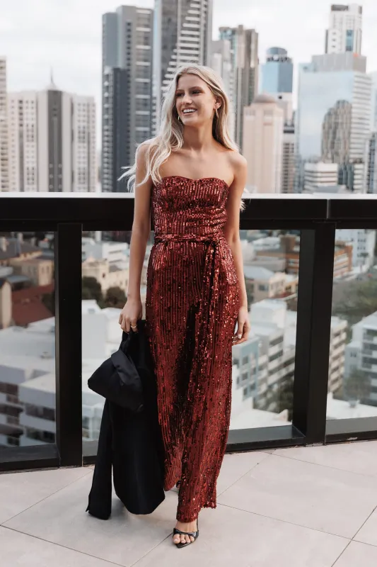 Talia Strapless Sequin Jumpsuit - Ruby Red made by Petal & Pup