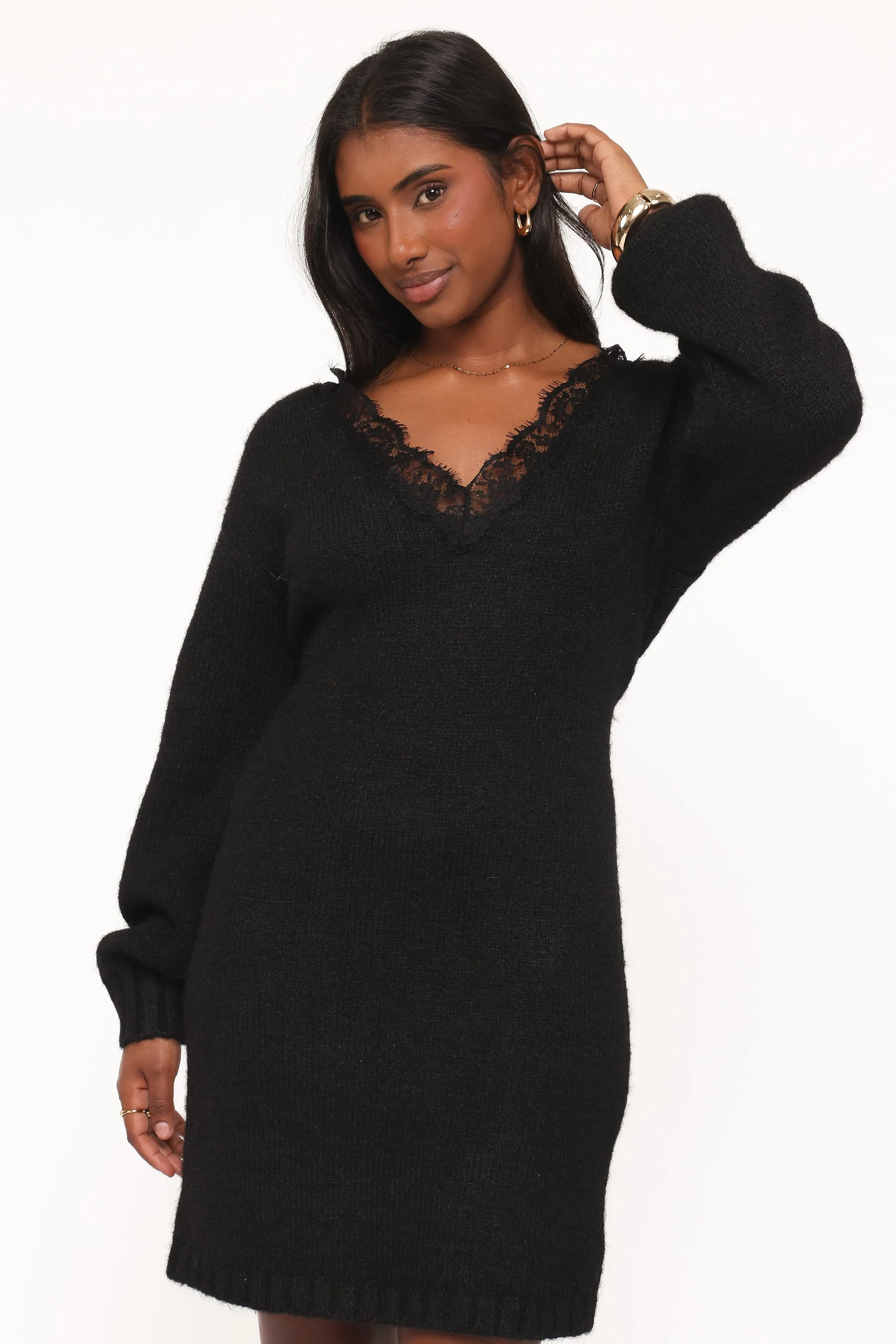 Sharona Lace Trim Knit Mini Dress - Black sold by Petal & Pup product image thumbnail 2