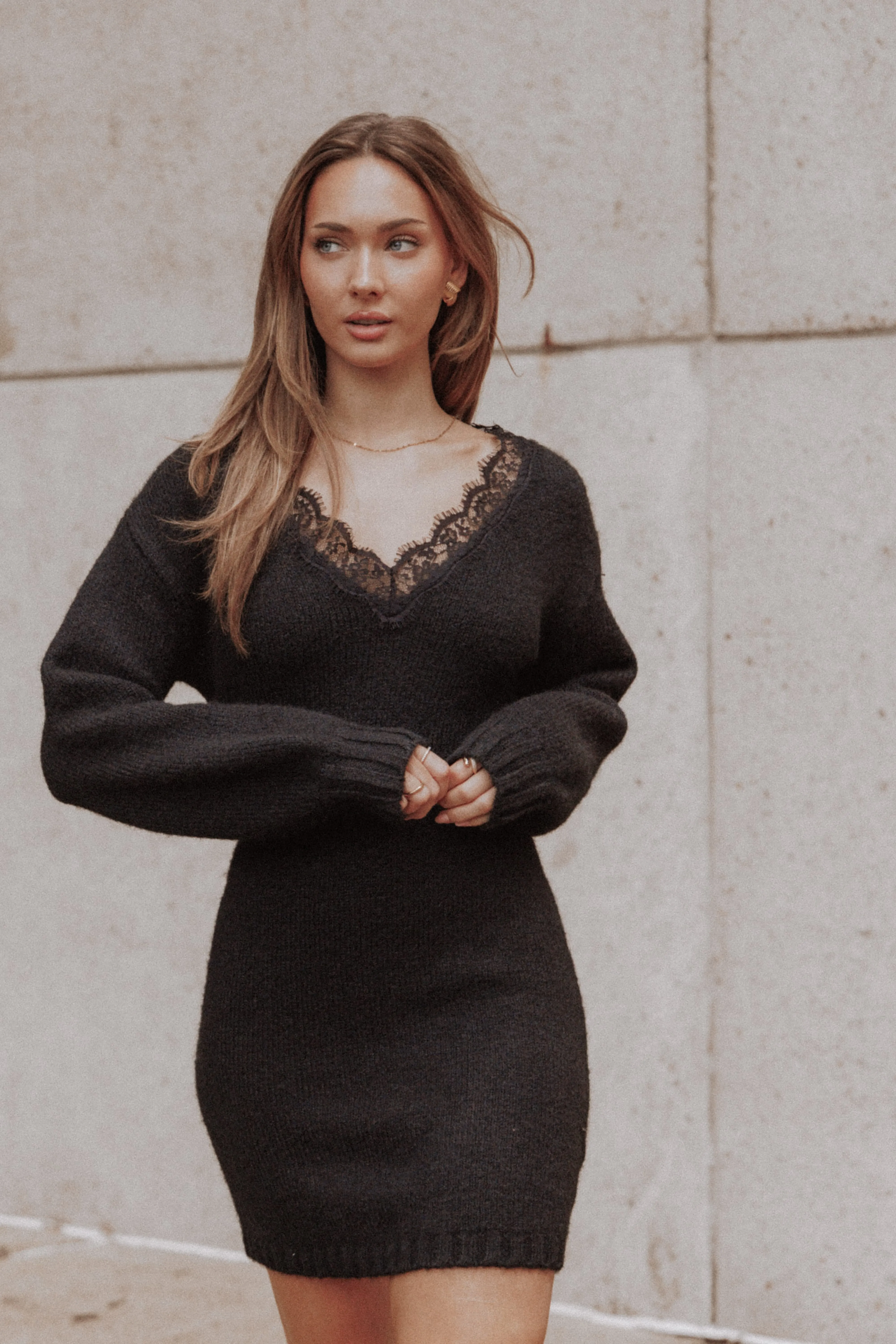 Sharona Lace Trim Knit Mini Dress - Black sold by Petal & Pup