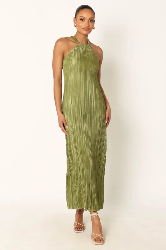 Melody Plisse Halter Maxi Dress - Olive sold by Petal & Pup