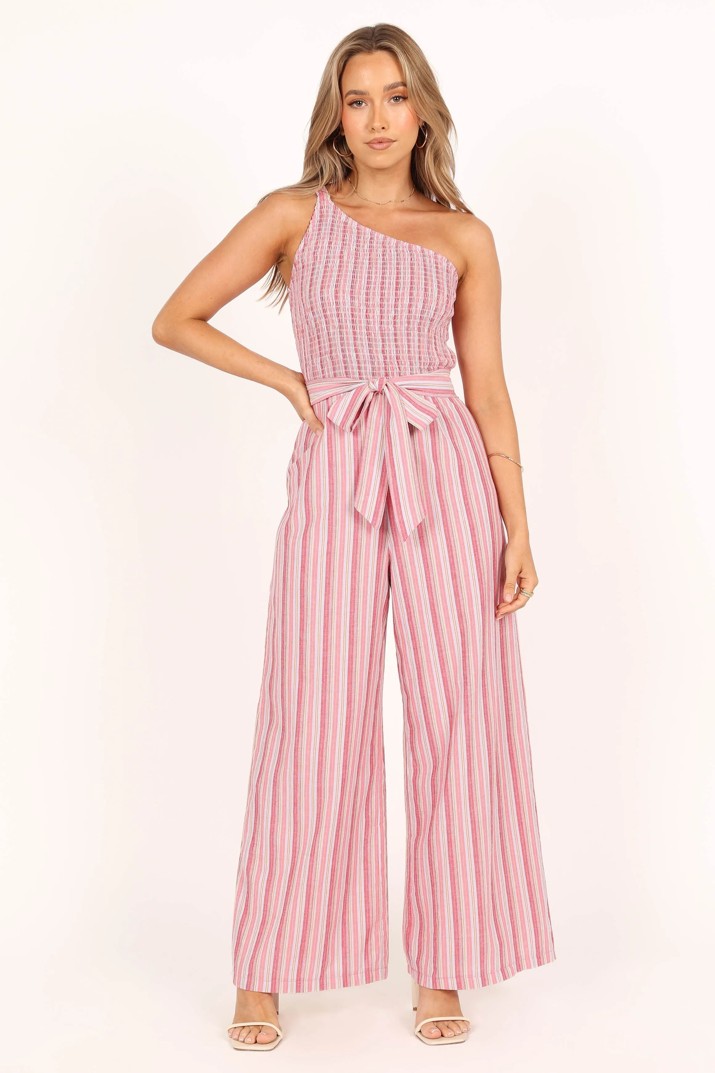 Amilia One Shoulder Jumpsuit - Stripe sold by Petal & Pup