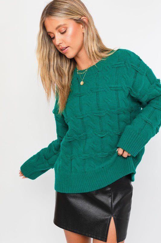 Mock Neck Textured Cable Knit Sweater - Green sold by Petal & Pup