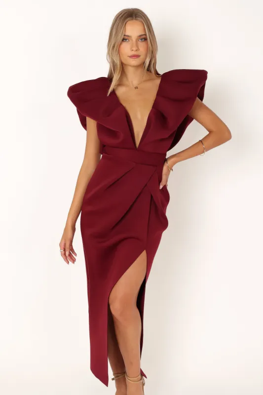 Augie Frill Shoulder Maxi Dress - Burgundy made by Petal & Pup
