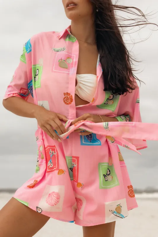 Kellie Romper - Pink Stamp Print sold by Petal & Pup