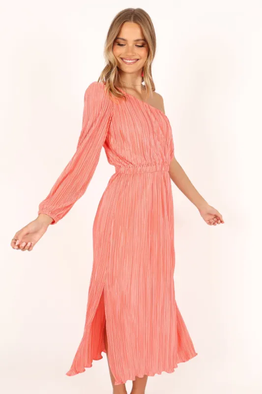 Pontee One Shoulder Pleated Midi Dress - Coral sold by Petal & Pup