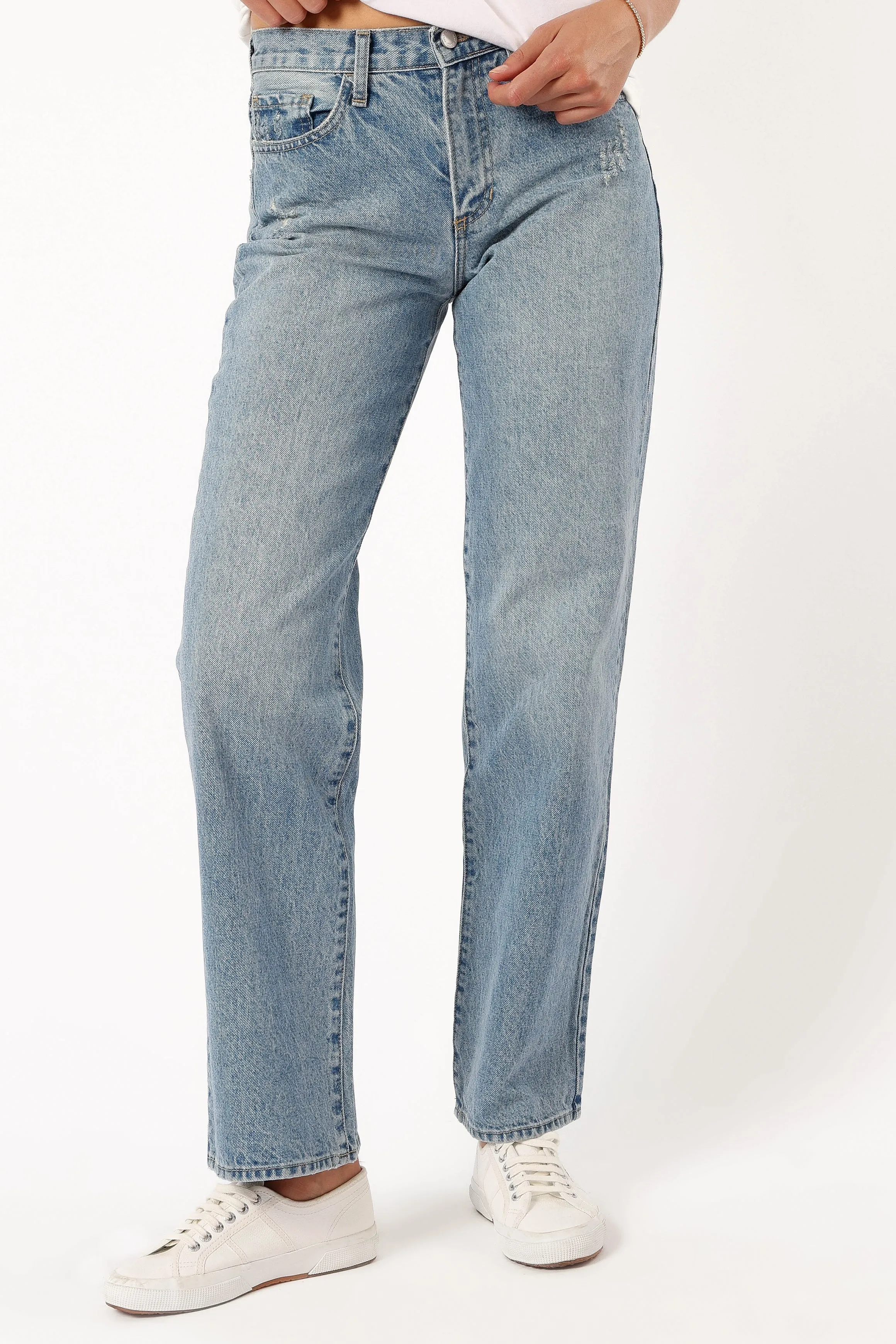 Nathan High Rise Relaxed Straight Jean - Medium Denim sold by Petal & Pup