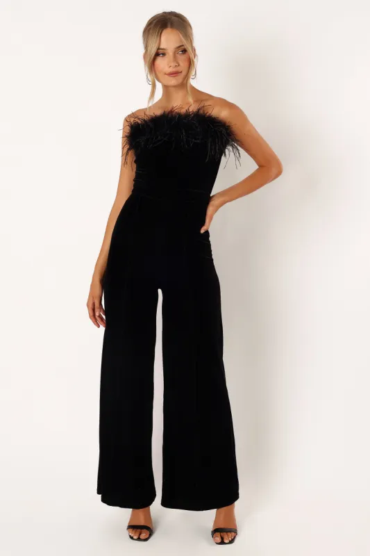 Donatella Feather Trim Jumpsuit - Black sold by Petal & Pup