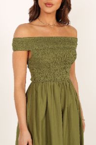 Tessa Off Shoulder Maxi Dress - Olive sold by Petal & Pup