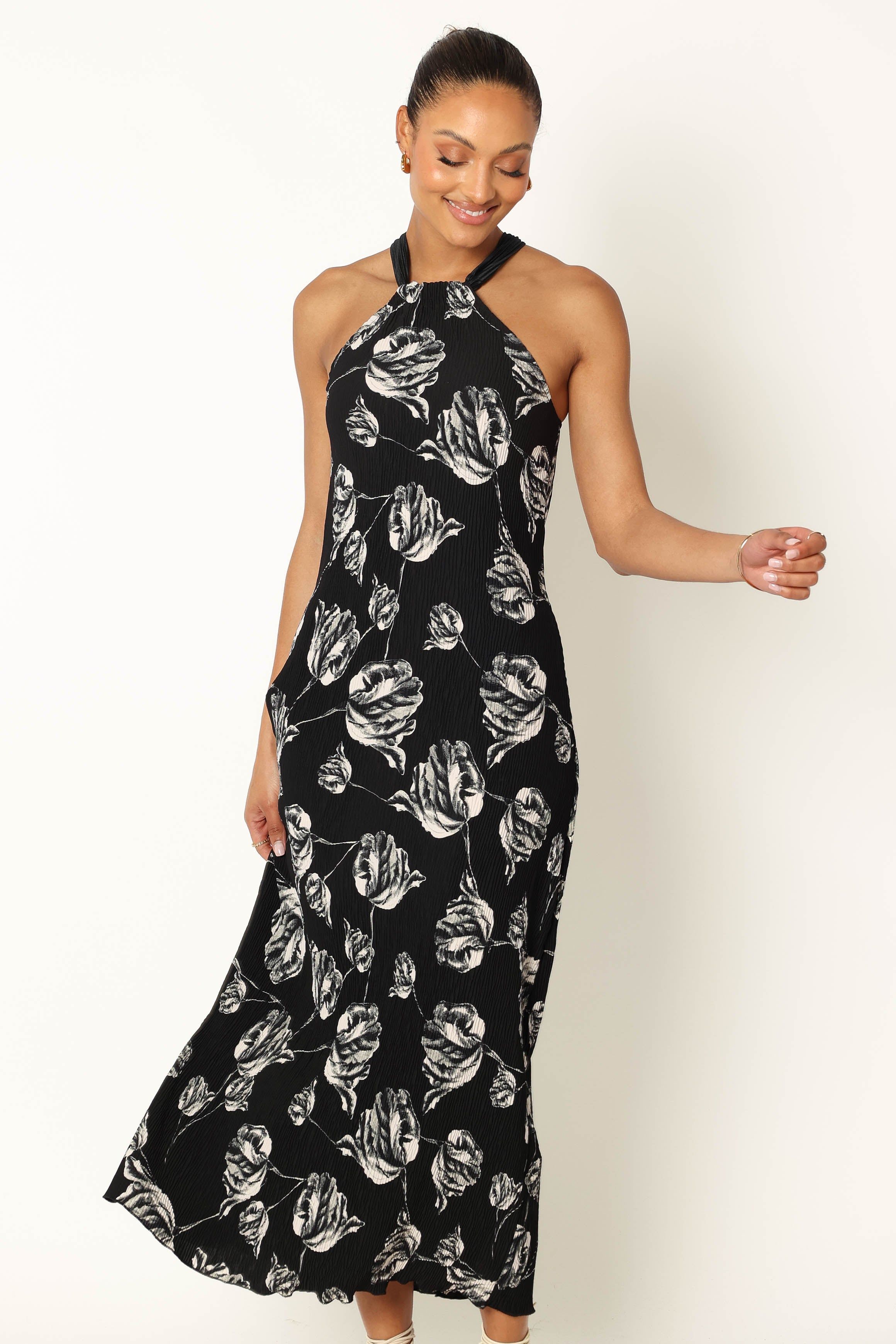 Melody Plisse Halter Maxi Dress - Black Floral sold by Petal & Pup