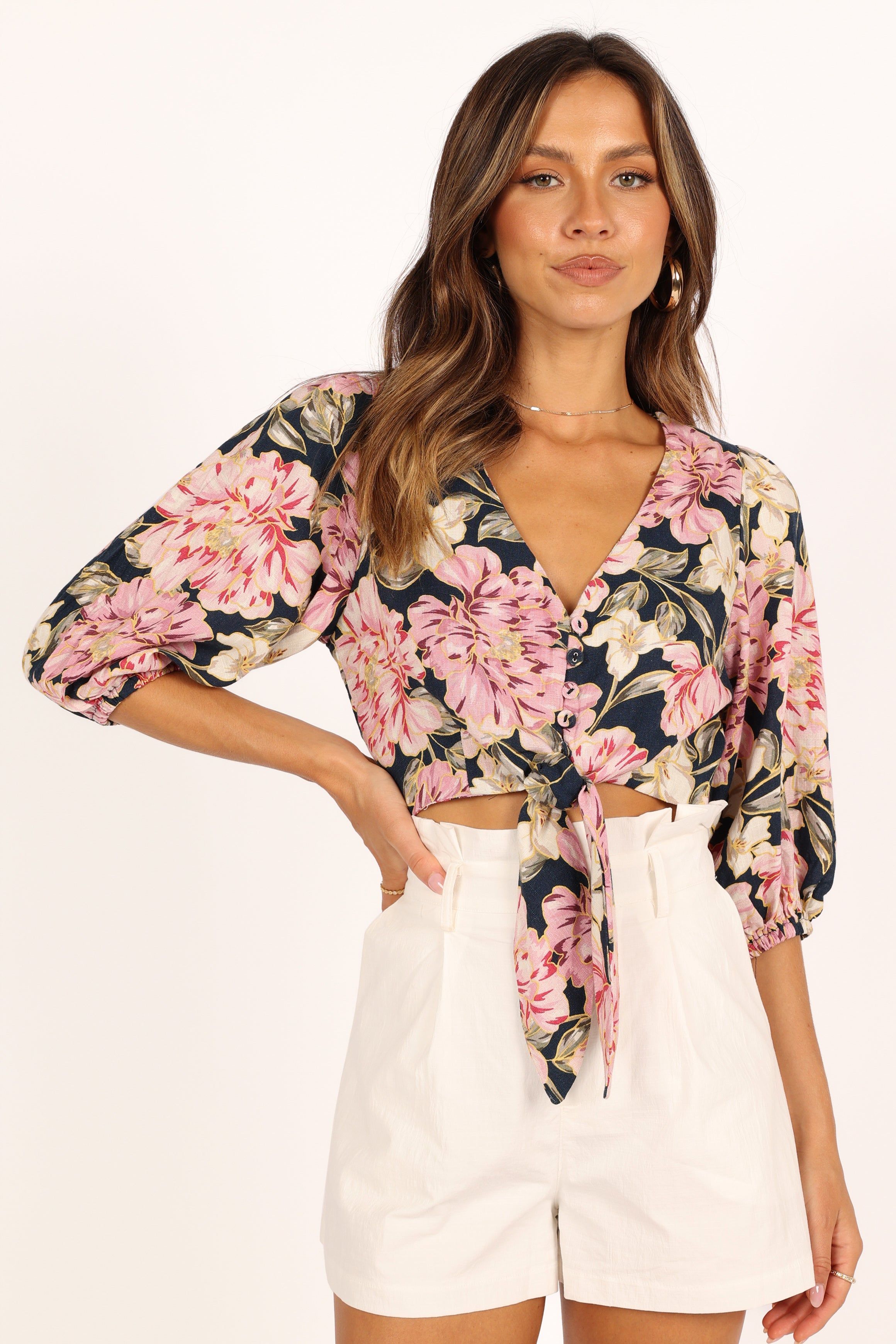 Tonya V Neck Waist Tie Top - Navy sold by Petal & Pup product image thumbnail 4