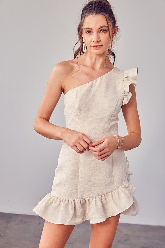 Monet One Shoulder Ruffle Mini Dress - Ivory sold by Petal & Pup product image thumbnail 5