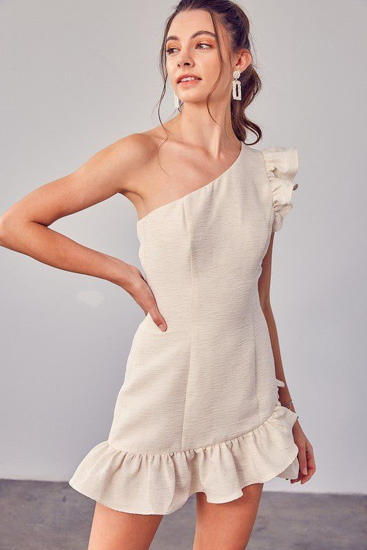 Monet One Shoulder Ruffle Mini Dress - Ivory sold by Petal & Pup
