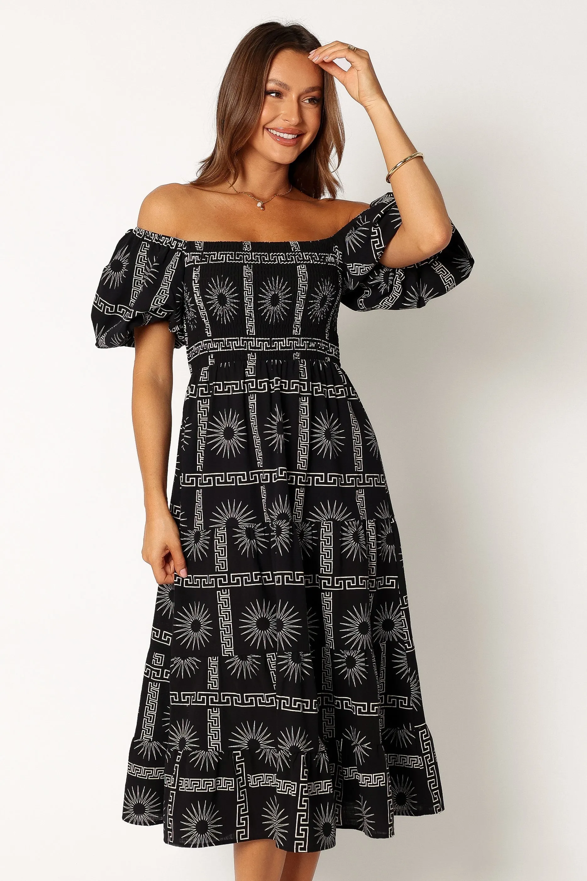Soliel Puff Sleeve Midi Dress - Black Tan sold by Petal & Pup