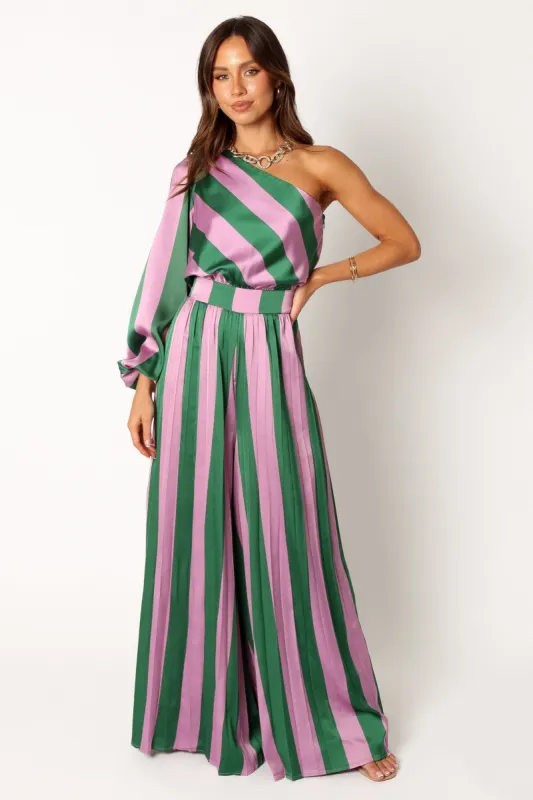 Garcelle One Shoulder Jumpsuit - Green Lavender Stripe sold by Petal & Pup