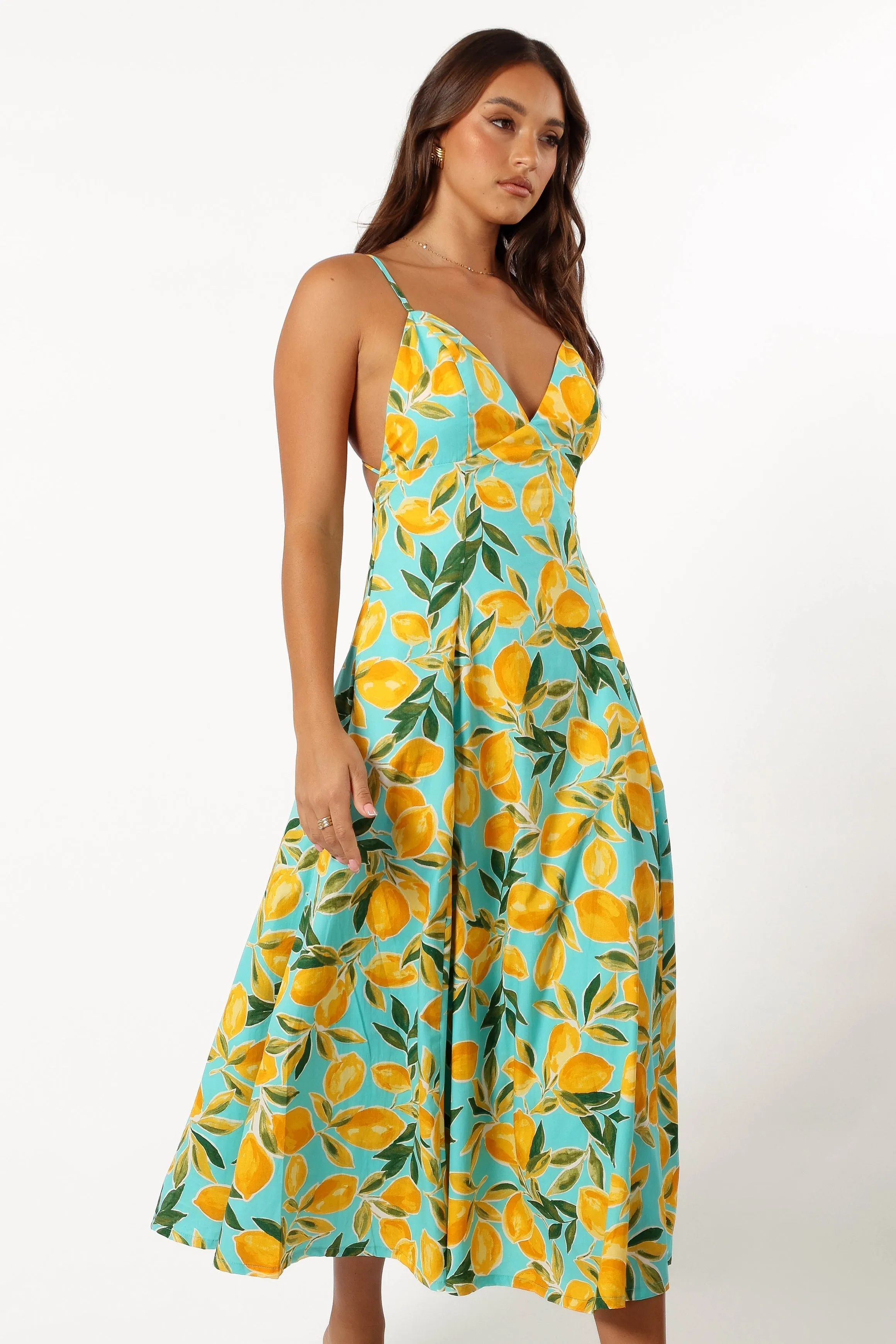 Emery Lemon Print Midi Dress - Sky Lemon sold by Petal & Pup