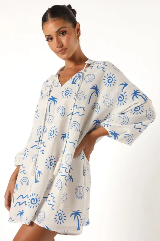 Laila Long Sleeve Linen Mini Dress - White Blue sold by Petal & Pup