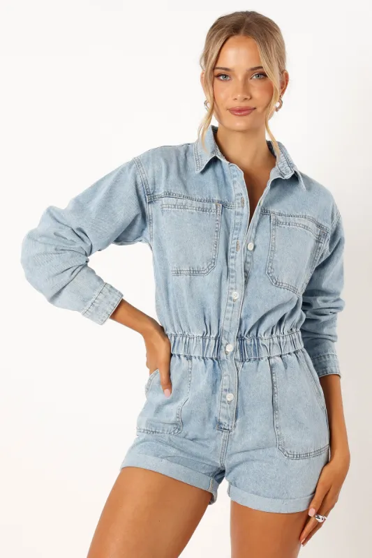 Danielle Romper - Medium Denim sold by Petal & Pup