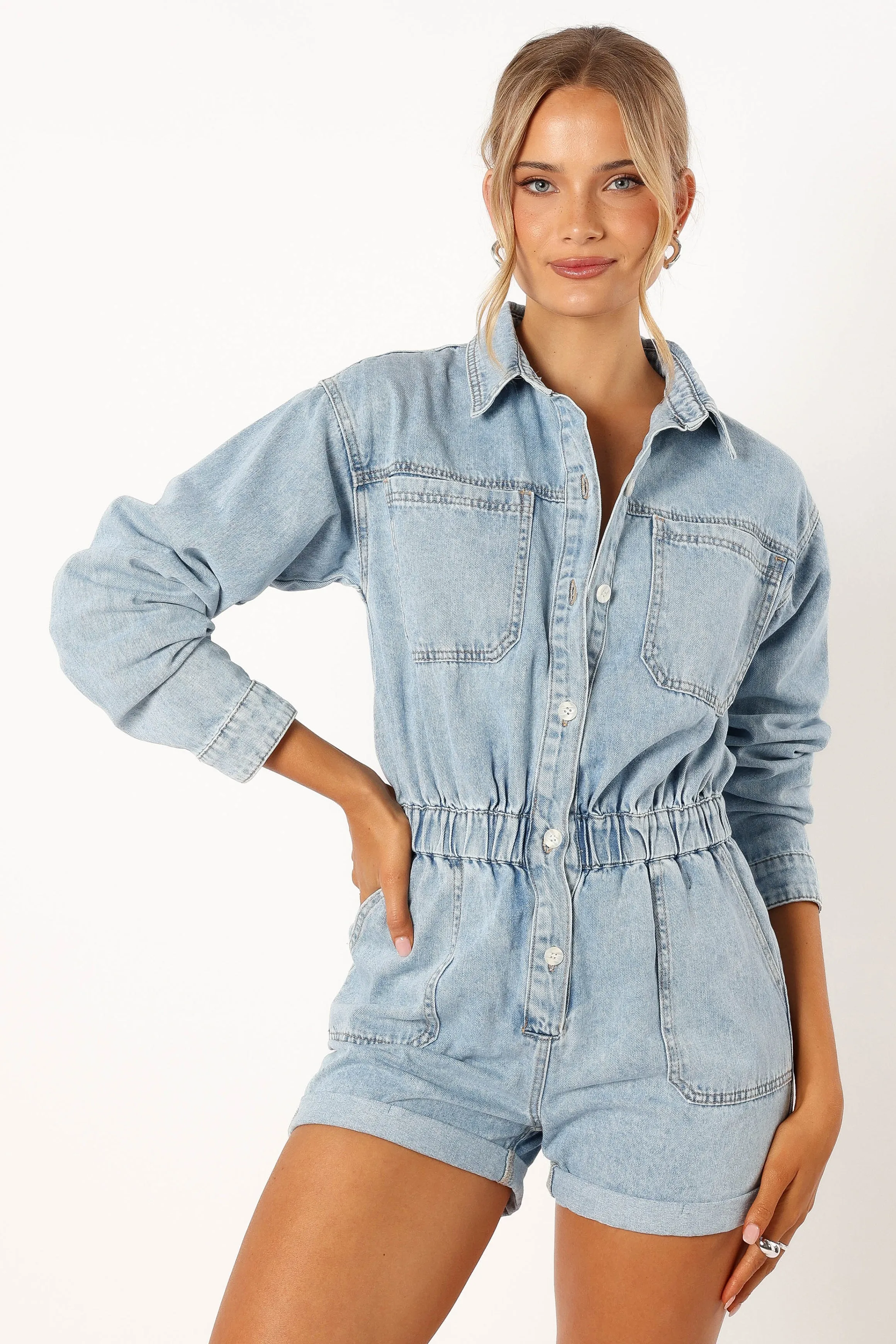 Danielle Romper - Medium Denim sold by Petal & Pup