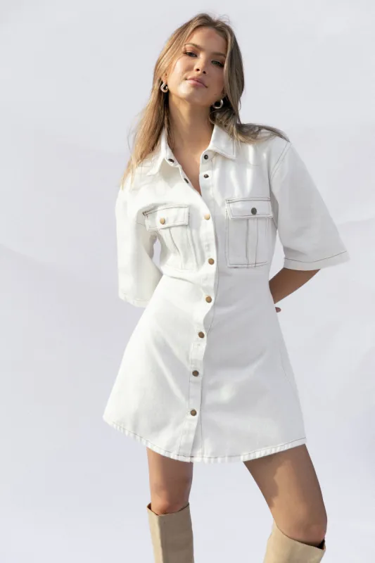 Hailey Denim Mini Dress - White Denim made by Petal & Pup