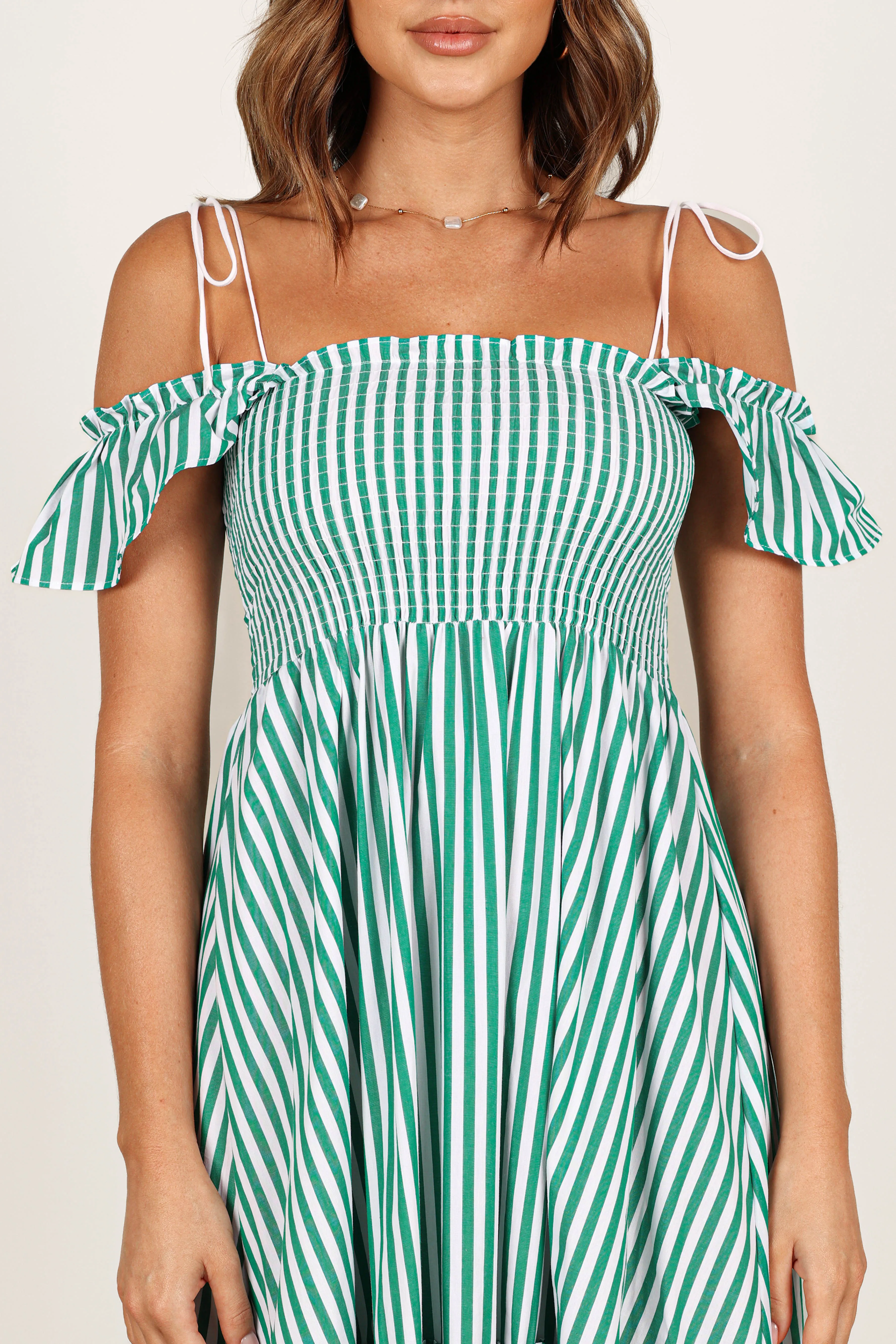 Yasminie Shirred Midi Dress - Green Stripe sold by Petal & Pup product image thumbnail 2