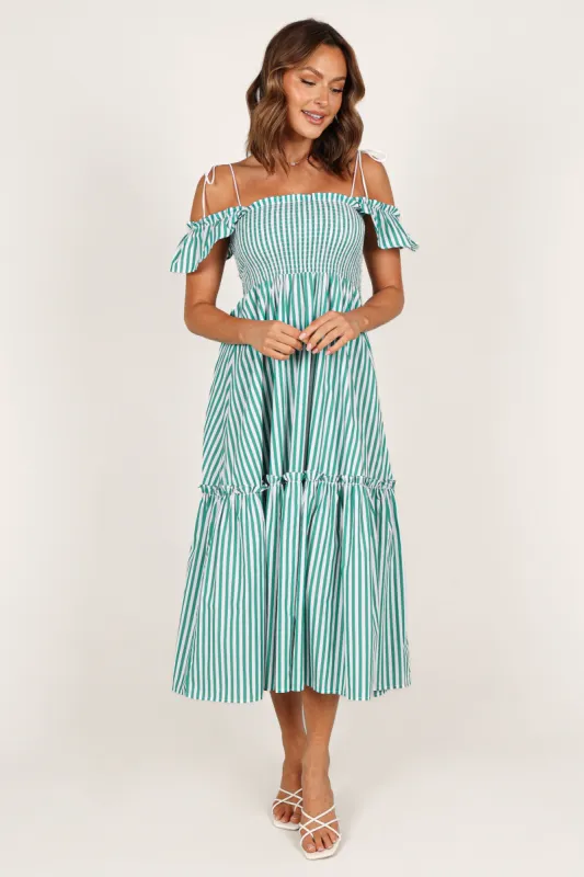 Yasminie Shirred Midi Dress - Green Stripe sold by Petal & Pup