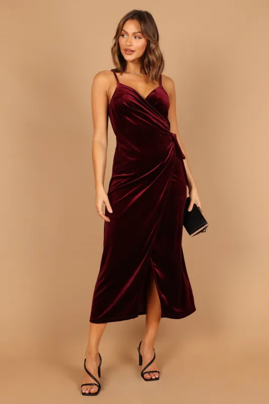 Renarde Wrap Velvet Midi Dress - Wine sold by Petal & Pup