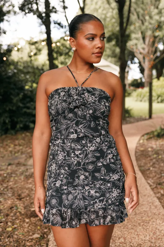 Zuri Rosette Mini Dress - Black Floral sold by Petal & Pup