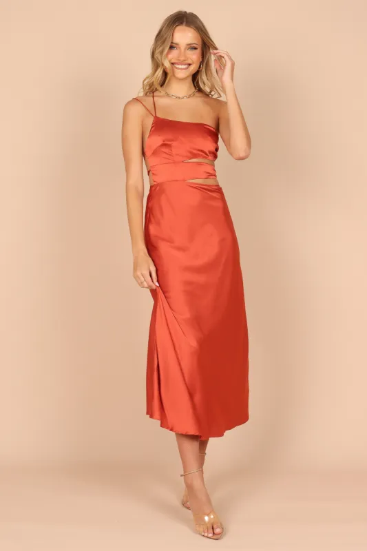 Forelle One Shoulder Cut Out Midi Dress - Rust made by Petal & Pup