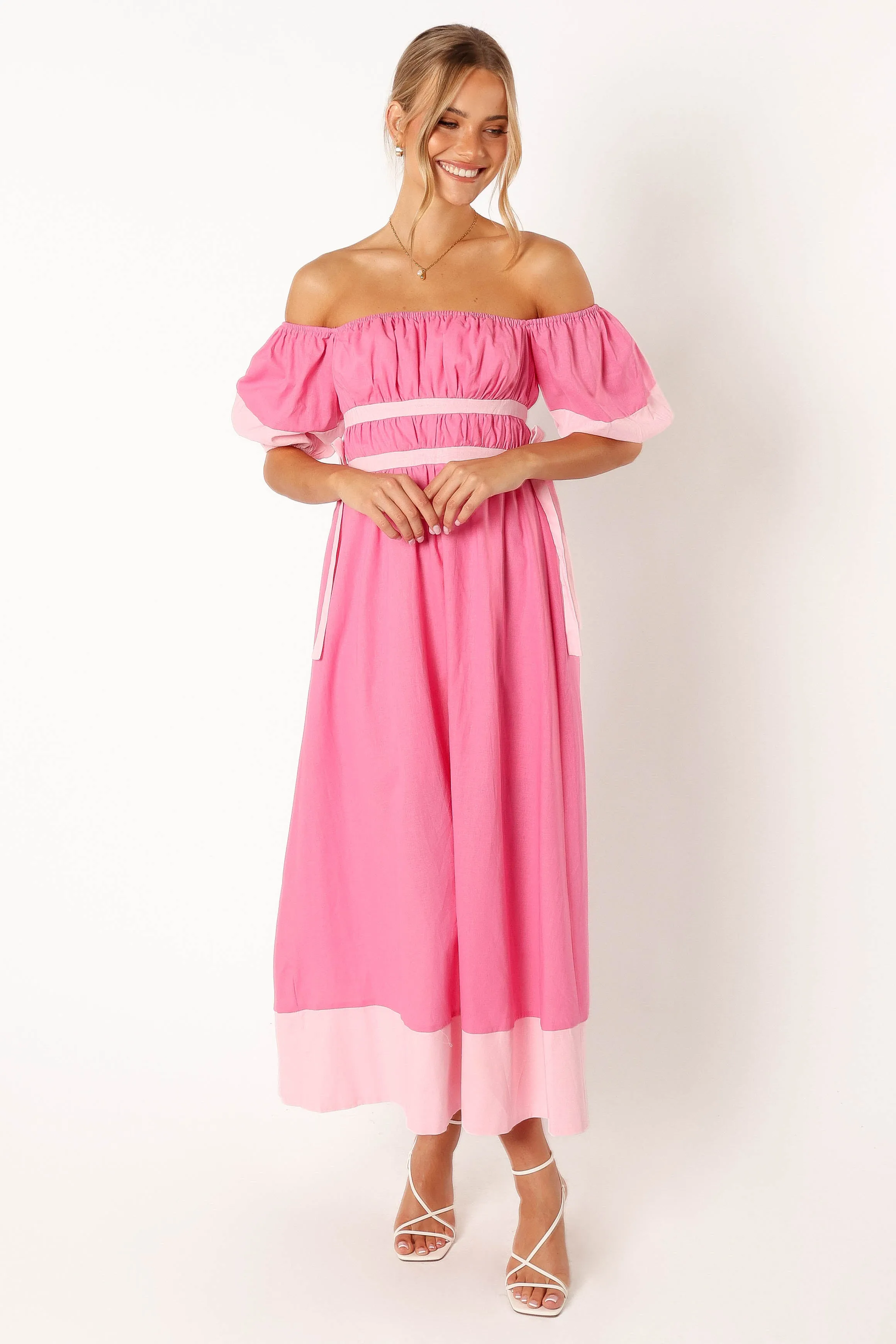 Tailor Off Shoulder Midi Dress - Pink sold by Petal & Pup