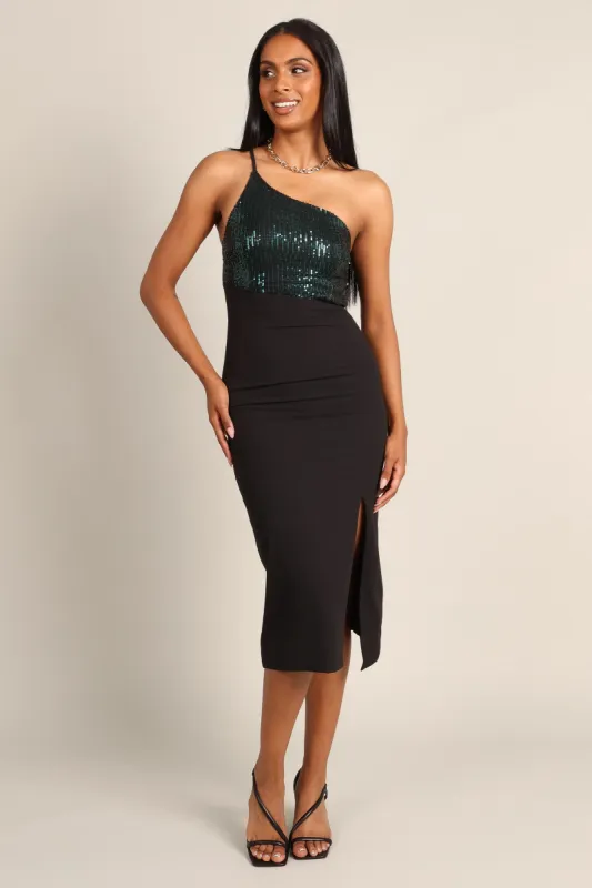 Xayne One Shoulder Sequin Midi Dress - Black/Emerald sold by Petal & Pup