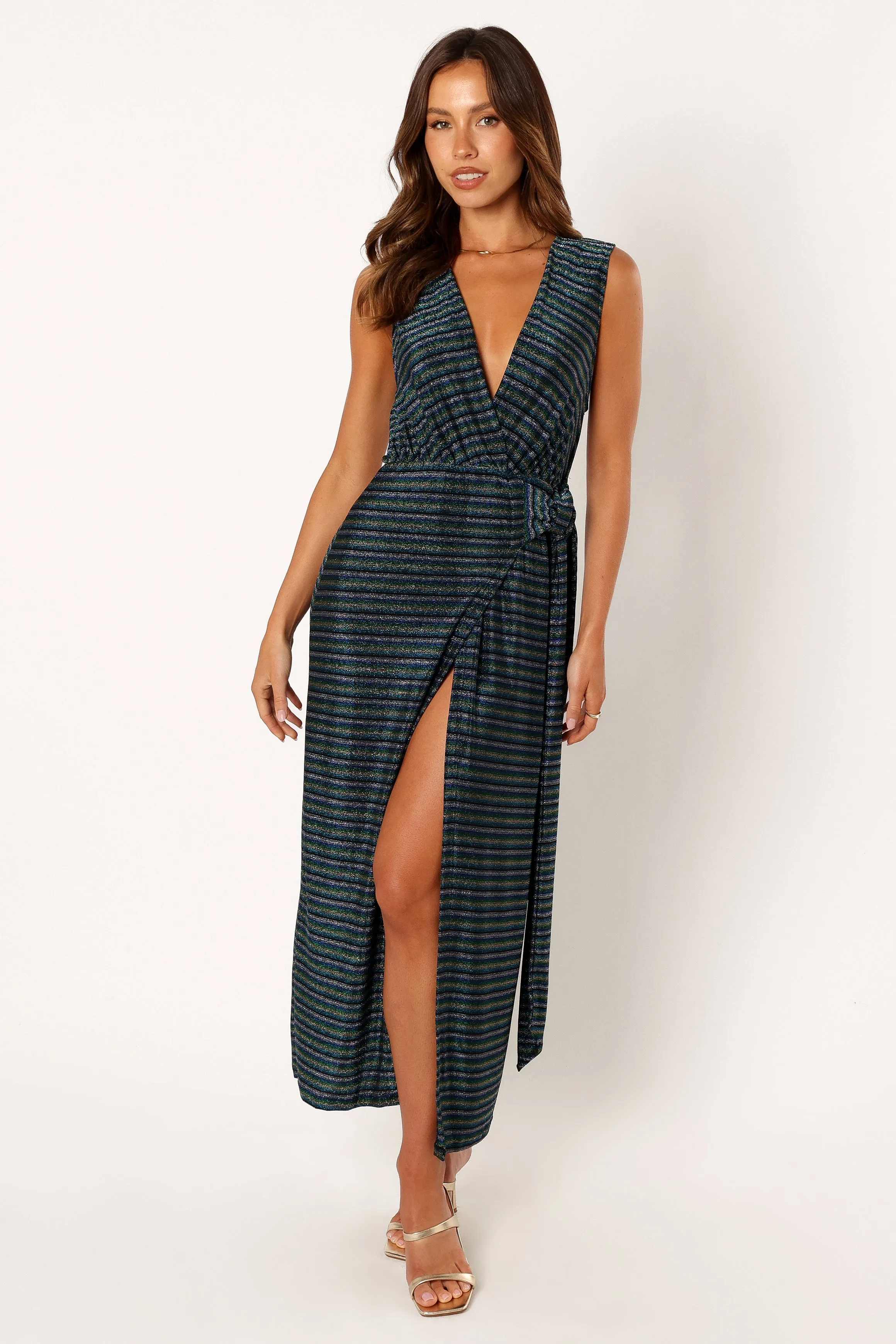 Tahlia Wrap Midi Dress - Blue Gold Stripe sold by Petal & Pup