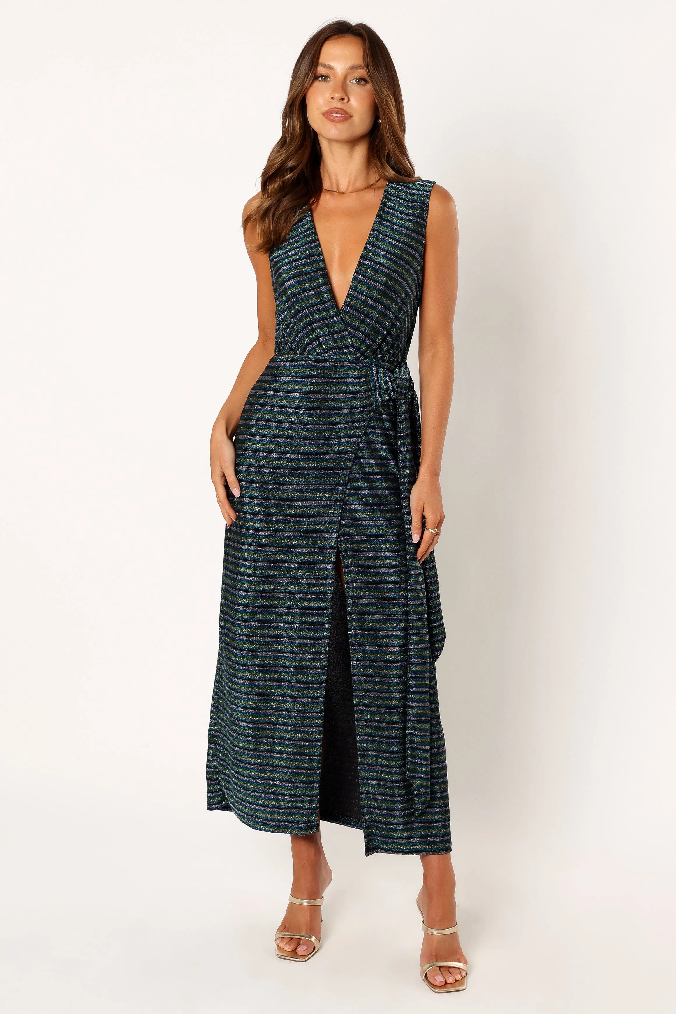 Tahlia Wrap Midi Dress - Blue Gold Stripe sold by Petal & Pup product image thumbnail 2