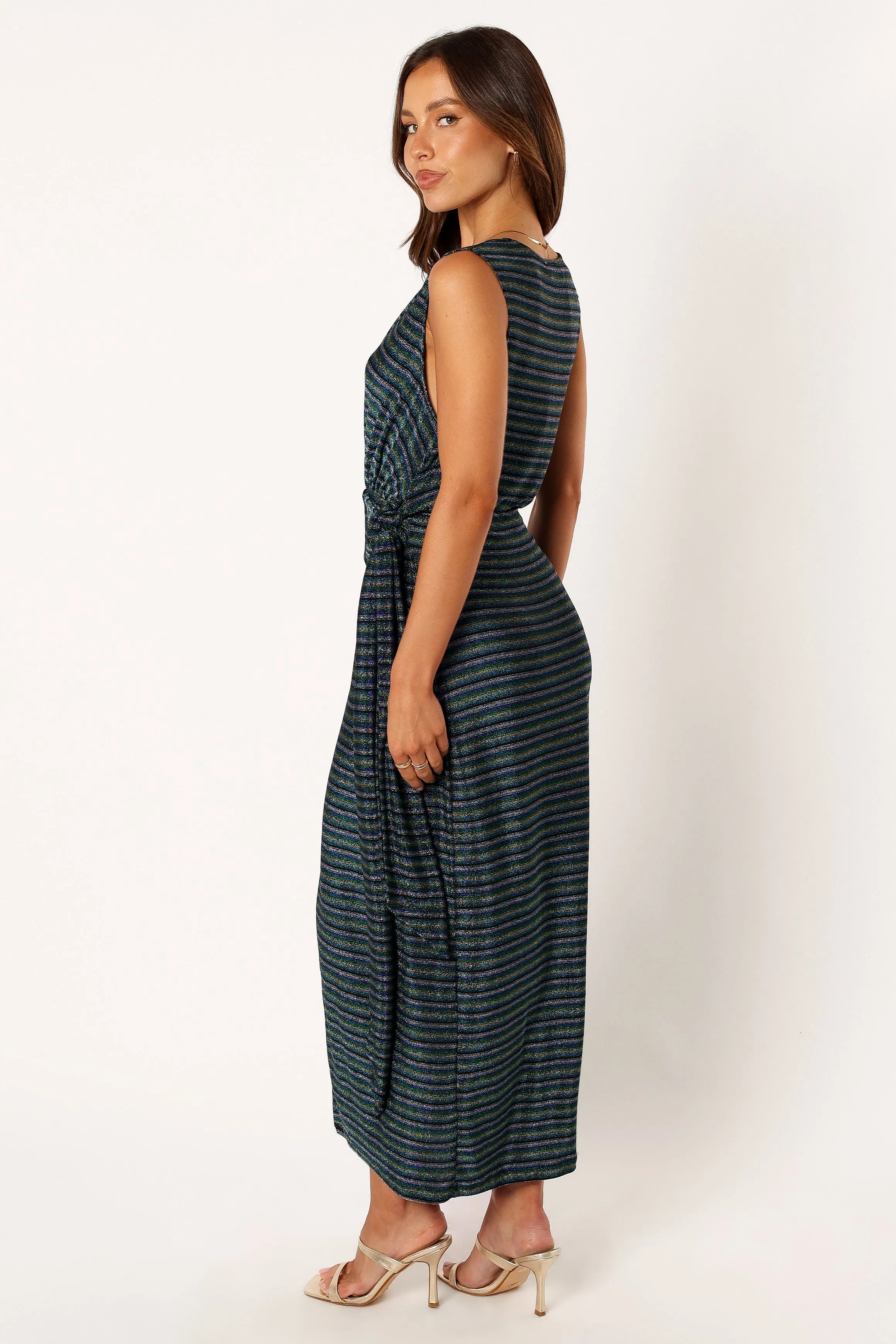 Tahlia Wrap Midi Dress - Blue Gold Stripe sold by Petal & Pup product image thumbnail 4
