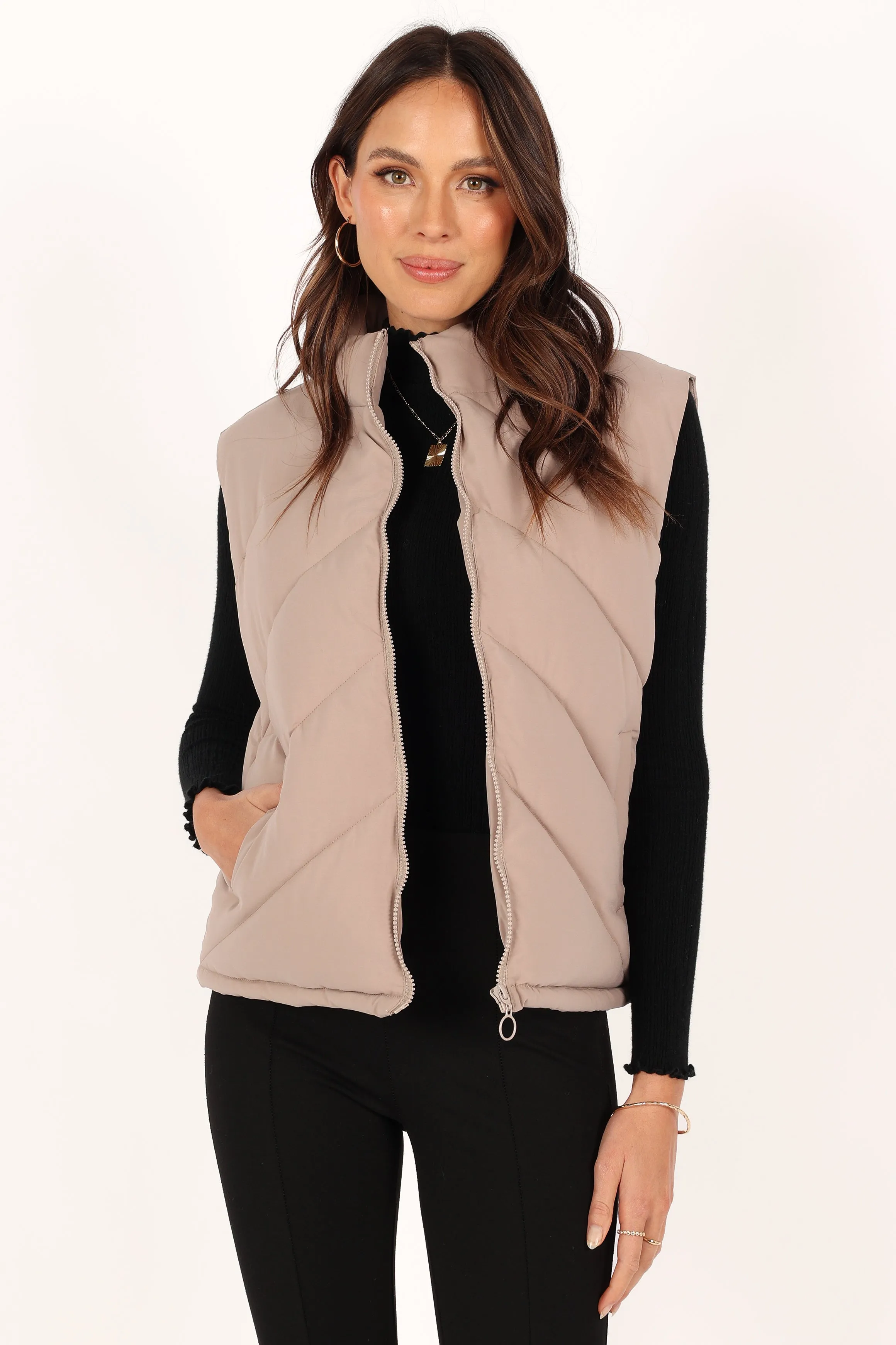 Piper Chevron Quilted Puffer Vest - Beige sold by Petal & Pup