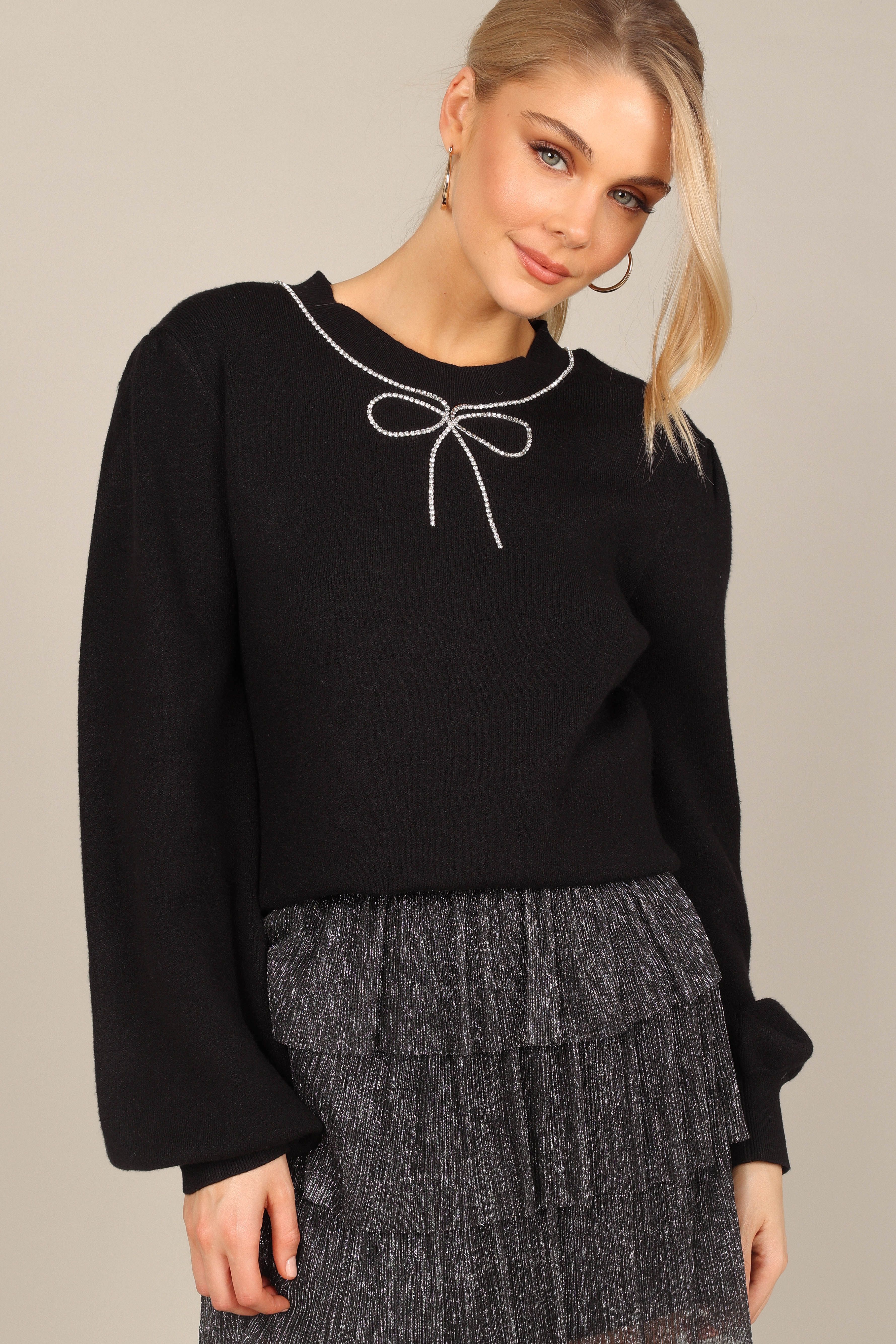 Taylor Rhinestone Bow Knit Sweater - Black sold by Petal & Pup