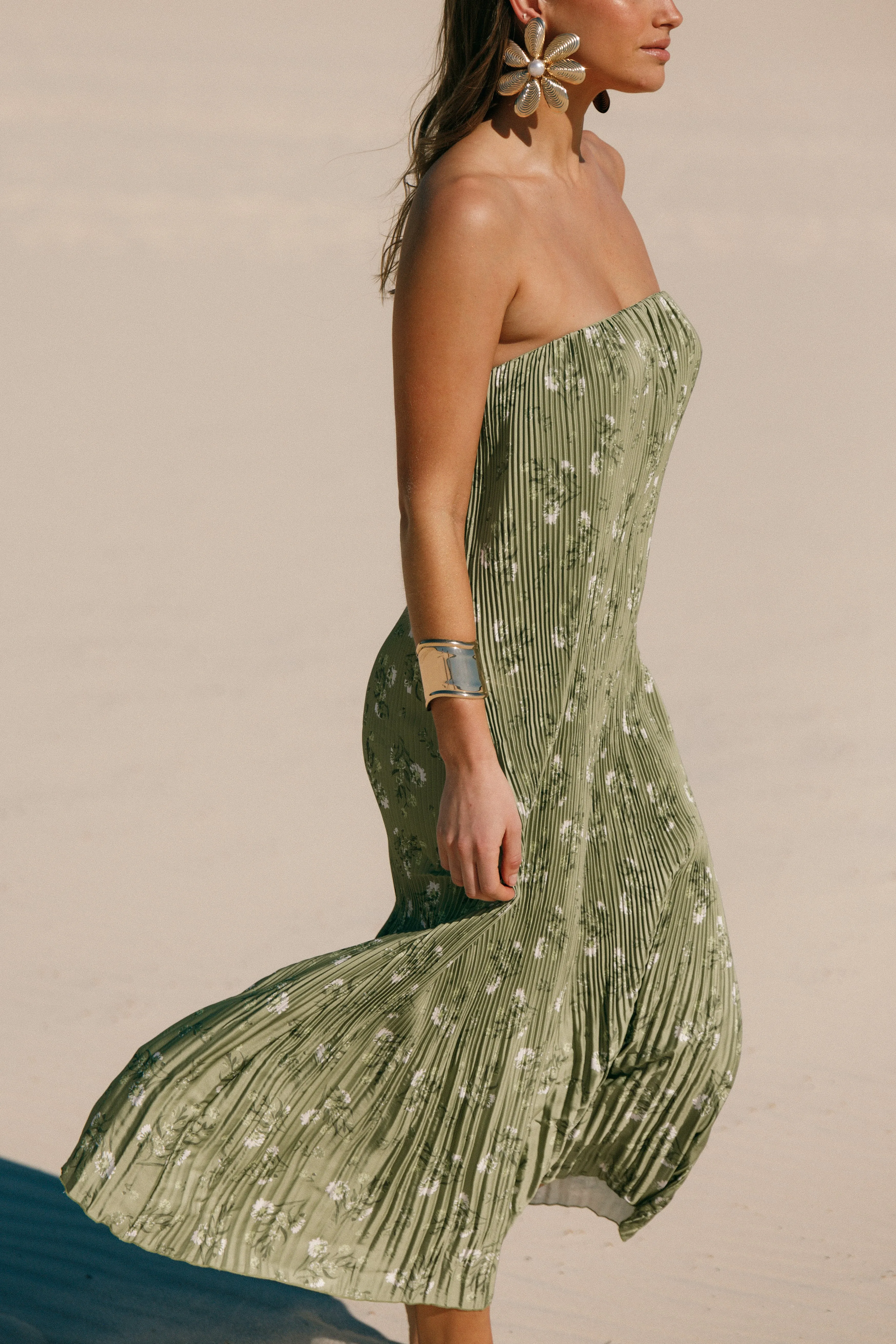 Sylvie Strapless Midi Dress - Sage Botanical sold by Petal & Pup
