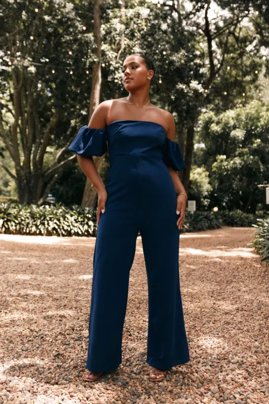 Tamra Off Shoulder Jumpsuit - Navy sold by Petal & Pup