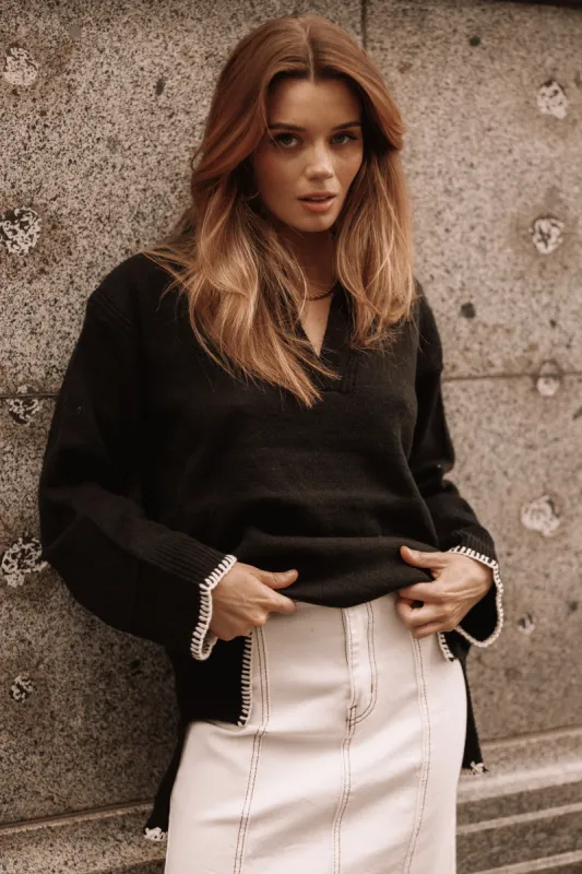 Elise Contrast Hem Knit Sweater - Black sold by Petal & Pup