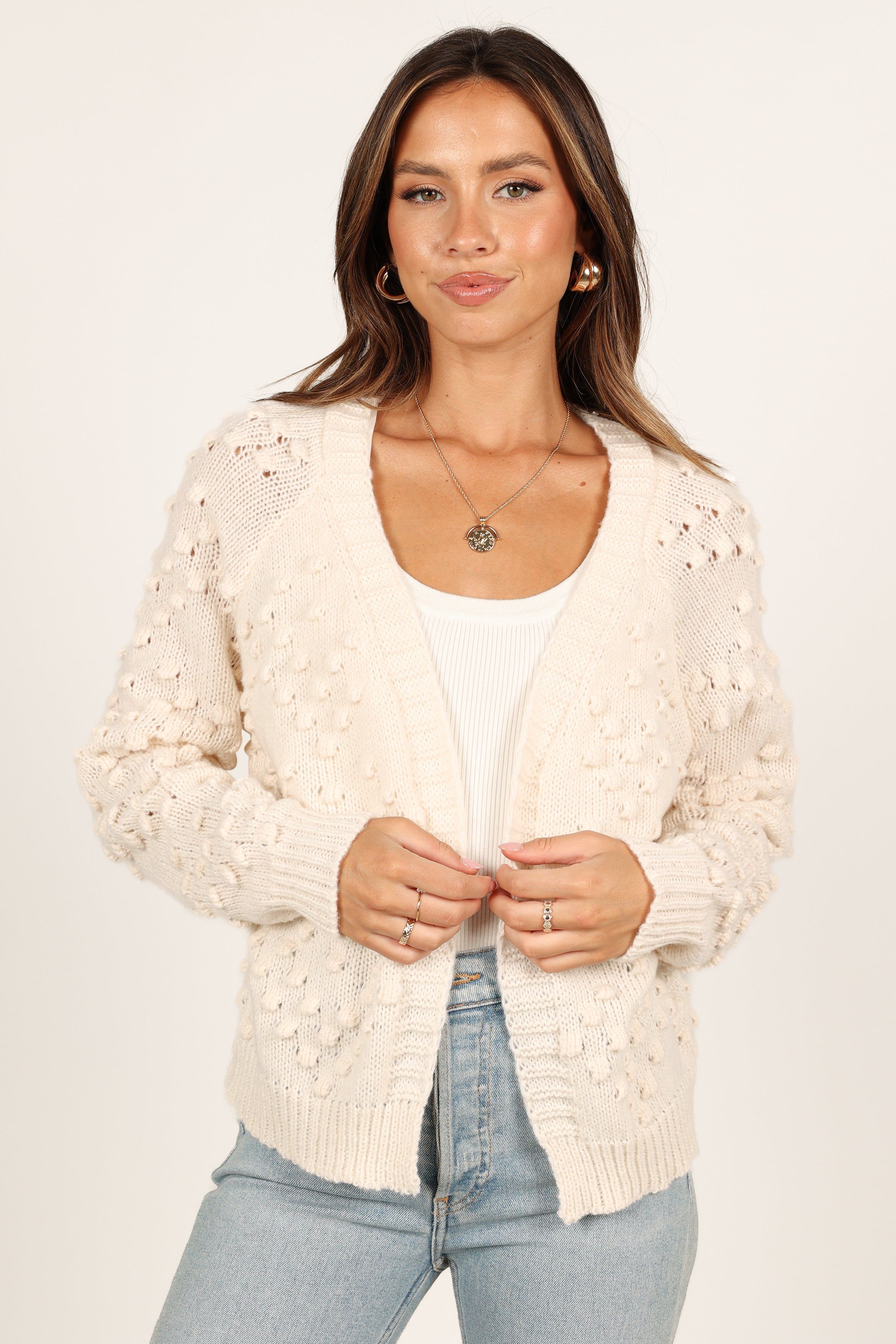 Heather Textured Heart Knit Cardigan - Cream sold by Petal & Pup product image thumbnail 8