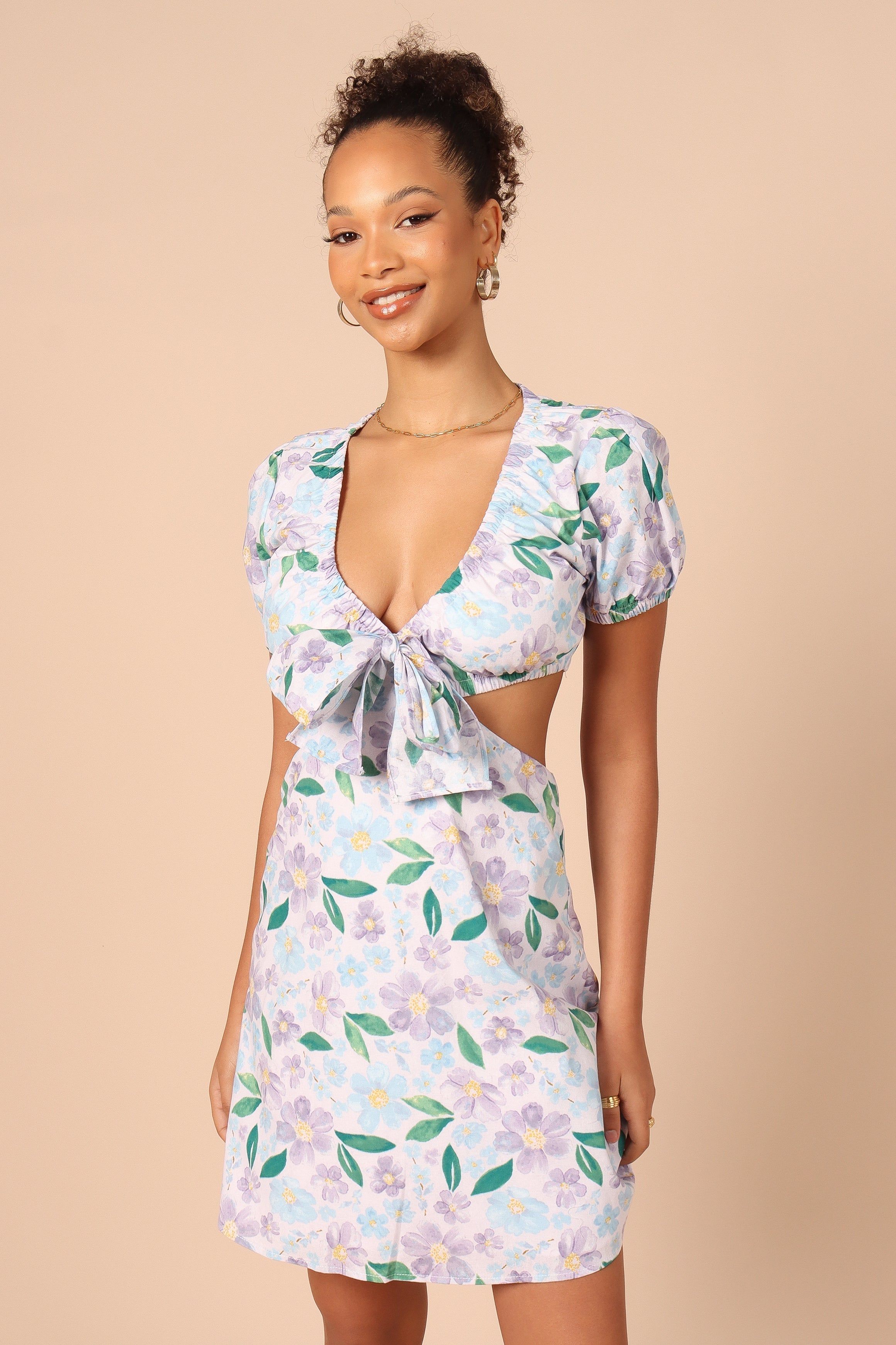 Adanna Tie Front Mini Dress - Blue Floral sold by Petal & Pup
