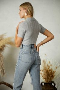 Cropped Polo Vneck Knit Sweater - Heather Grey sold by Petal & Pup
