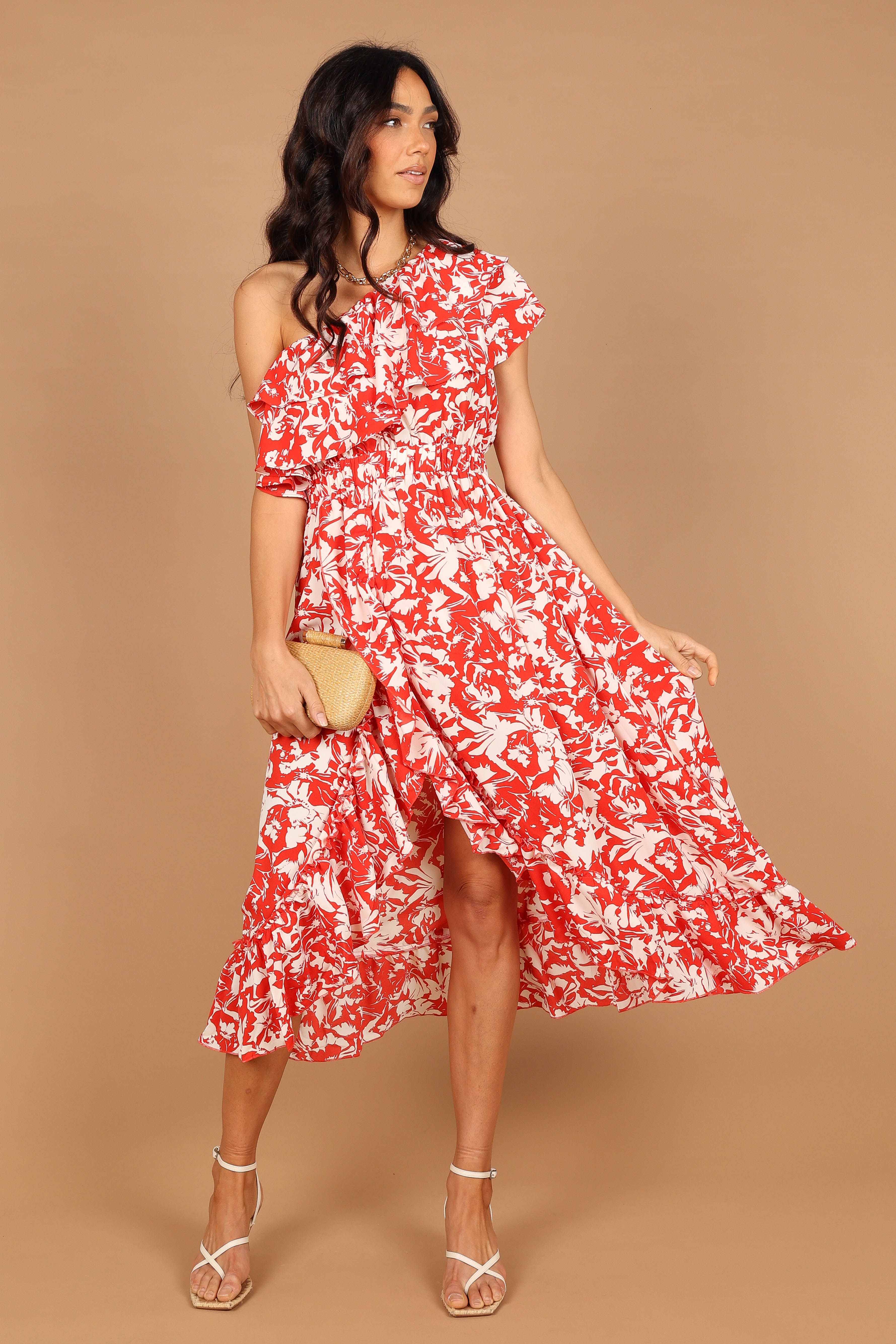 Millie Off Shoulder Tiered Midi Dress - Red Floral sold by Petal & Pup