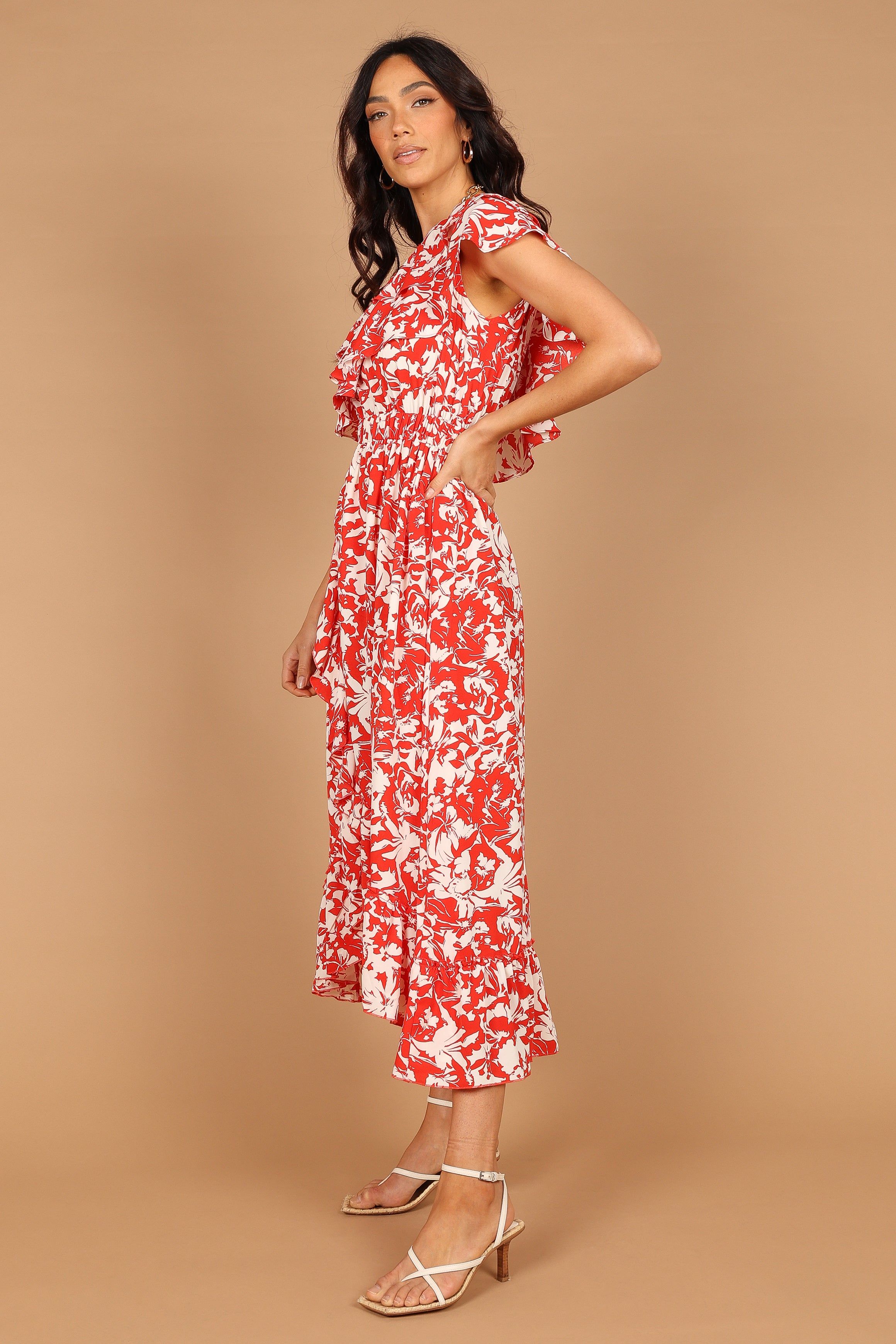 Millie Off Shoulder Tiered Midi Dress - Red Floral sold by Petal & Pup product image thumbnail 3