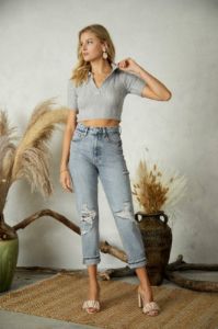 Cropped Polo Vneck Knit Sweater - Heather Grey sold by Petal & Pup